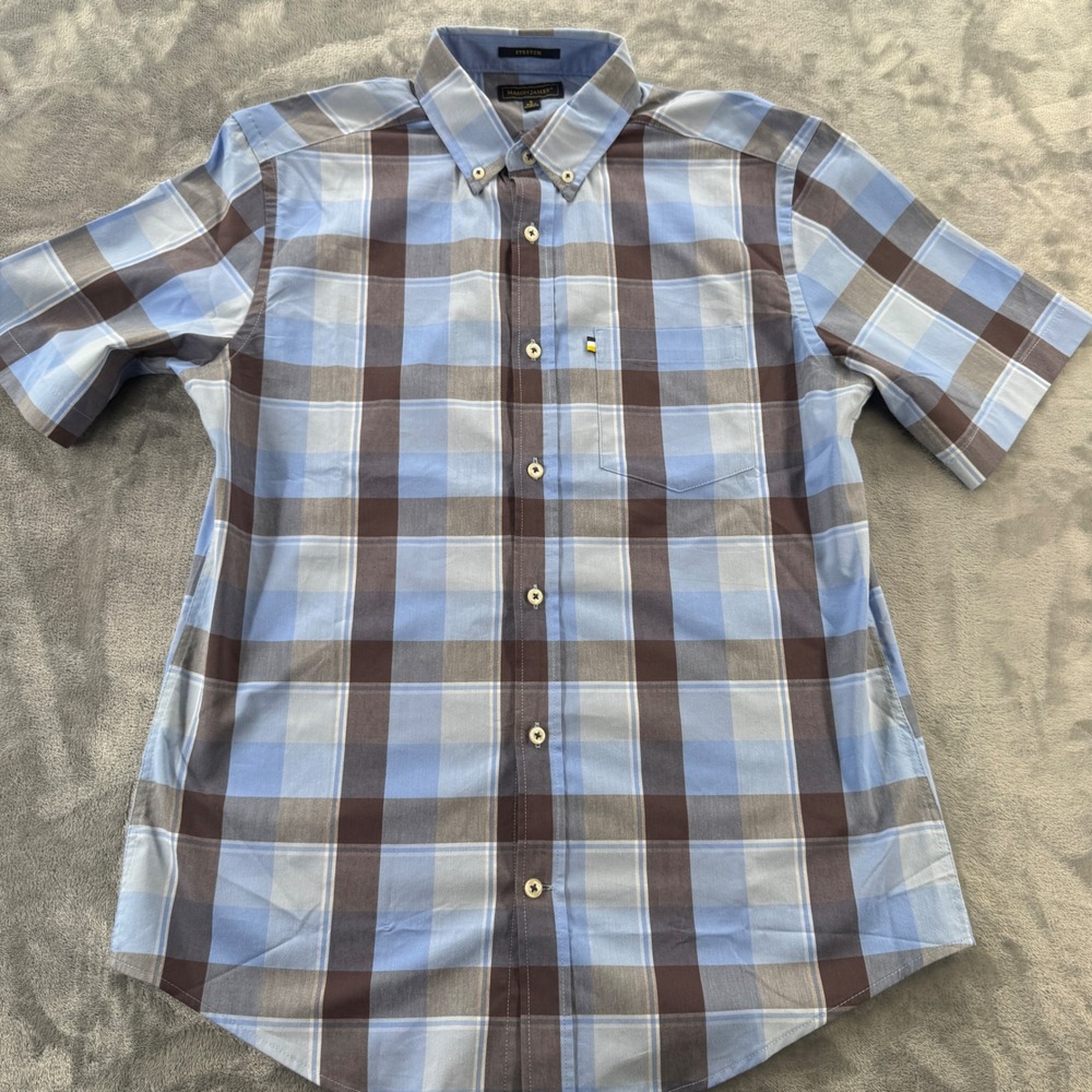 Mason James Mens Small Blue Brown Plaid Short Sleeve Stretch Button Down Shirt - Picture 2 of 9